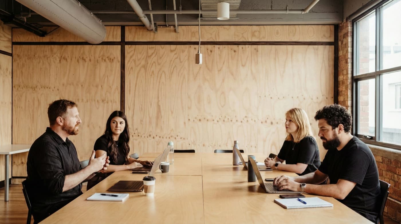 The Nooma Logic team in conversation around a table