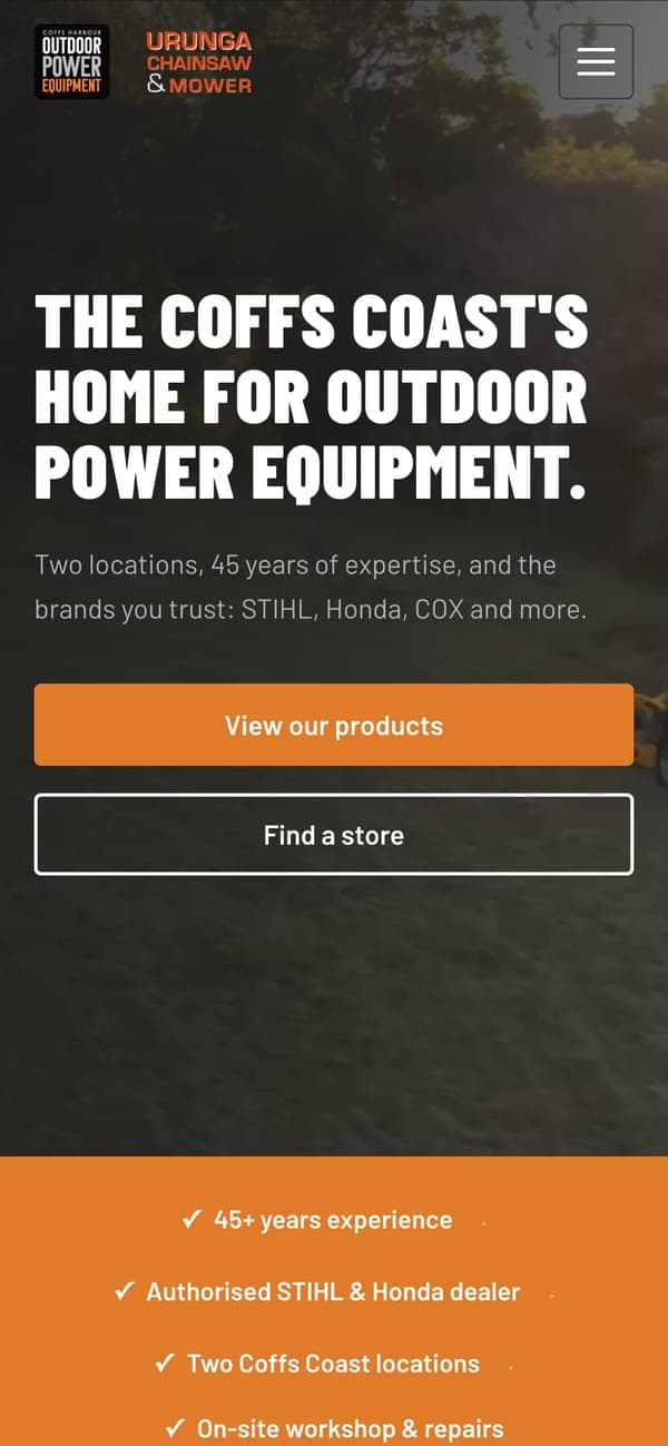 Coffs Outdoor Power Equipment website on a phone