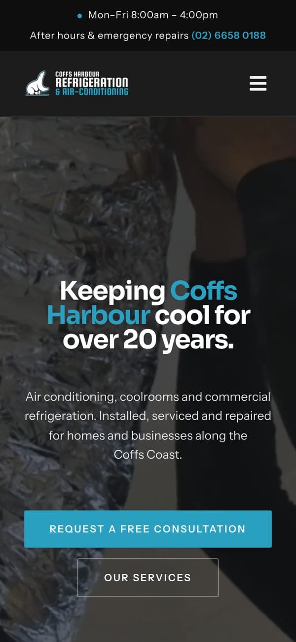 Coffs Harbour Refrigeration website on a phone