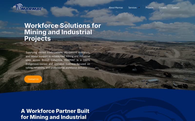Marmac home page: aerial photo of a mine site under the heading Workforce Solutions for Mining and Industrial Projects