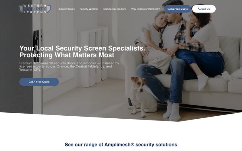 Western Security Screens home page: a family with their dog on the couch, headed Your Local Security Screen Specialists