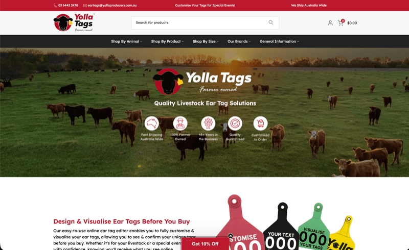 Yolla Ear Tags online store home page: cattle grazing in a paddock, with a search bar for livestock ear tags