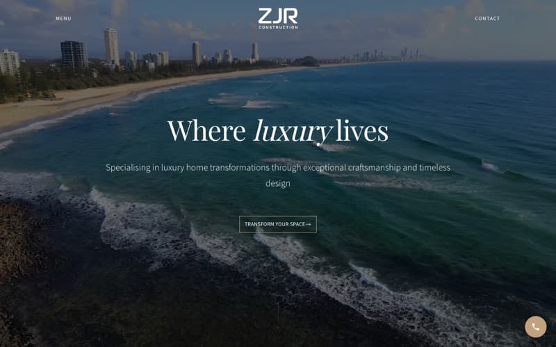 ZJR Construction home page: aerial photo of a beach and city skyline under the heading Where luxury lives